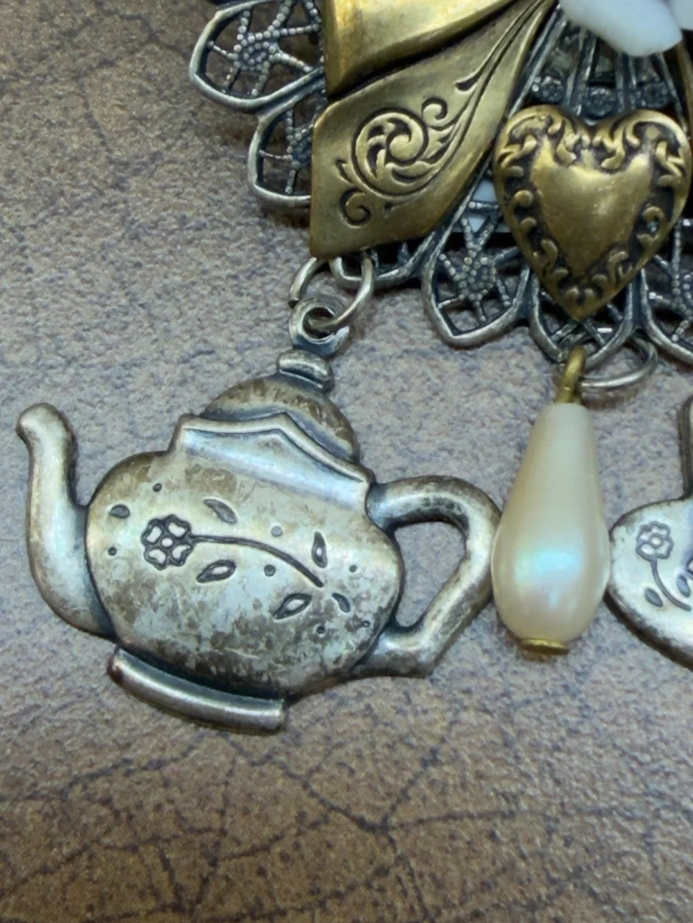 Vintage-Inspired Tea Party Bow Brooch with Pearl Drop - Gold & Silver